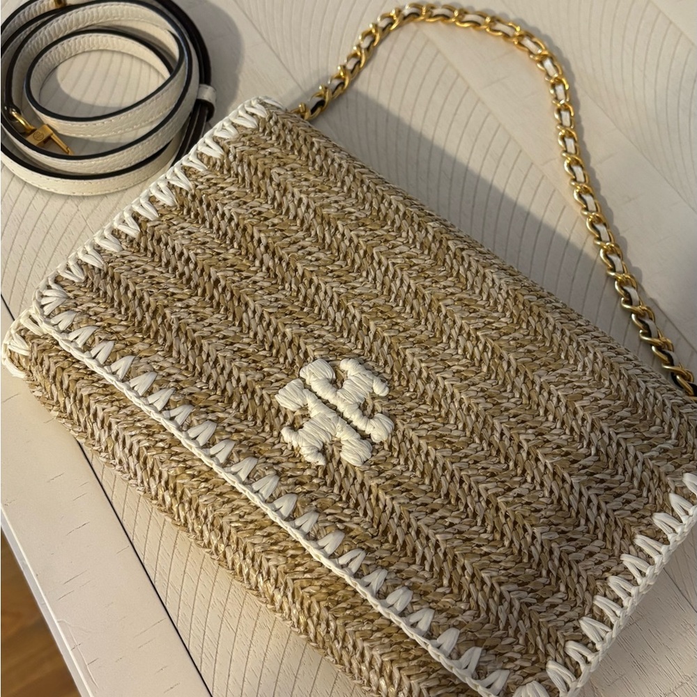 Tory Burch Brown and White Woven Clutch